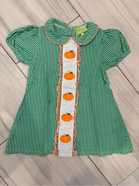 Classic Whimsy Green Gingham Pumpkin Smocked Dress 3T